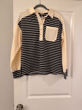 JODIFL Striped Long-Sleeve Polo in Black and Cream